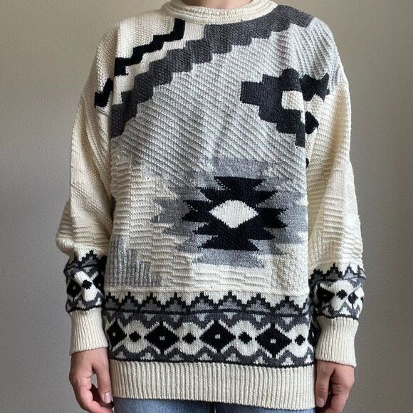 Beylerian Paris Vintage 80s Aztec Southwestern Geometric Wool Oversized Sweater - Picture 1 of 11